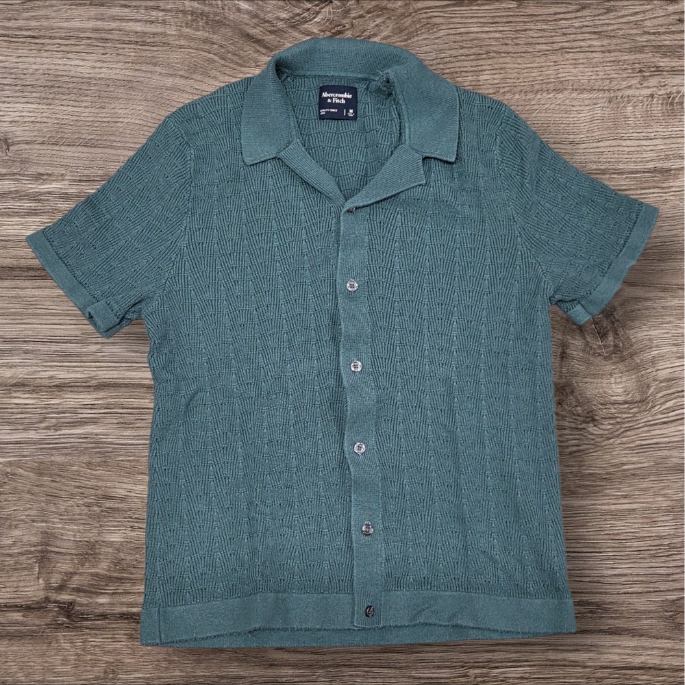 Abercrombie & Fitch Mens M Green Textured Knit Button Up Short Sleeve Polo